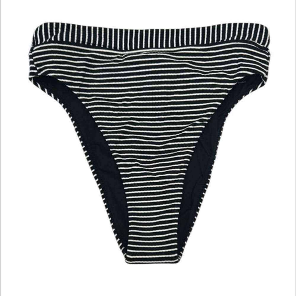 Seafolly black and white stripe high cut bikini swim bottoms size 10 NWOT
